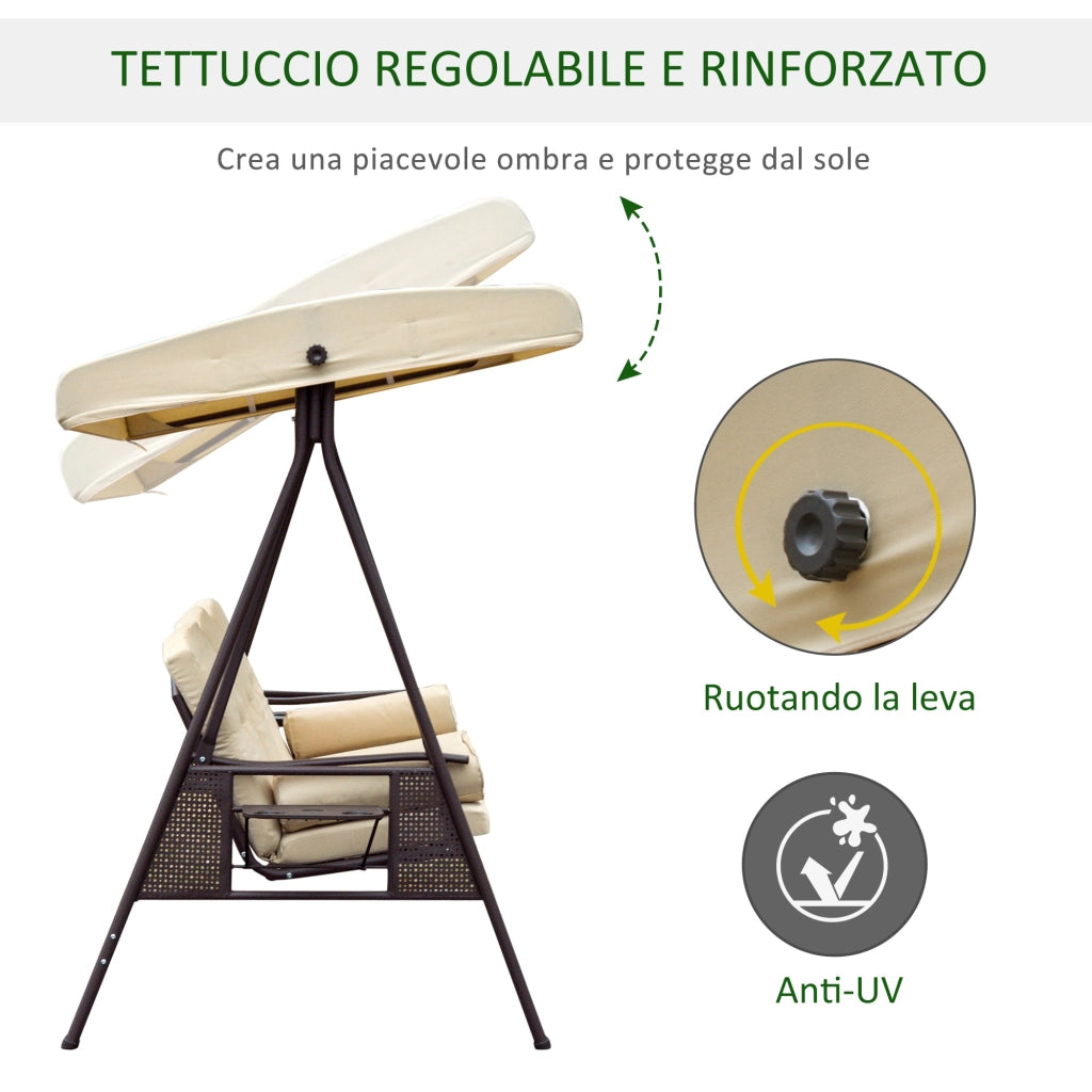 Easycomfort Dondolo da Giardino 3 Posti in Metallo, Dondolo da Esterno con Tetto Inclinabile e Cuscini Imbottiti, 208x121x172 cm, Beige