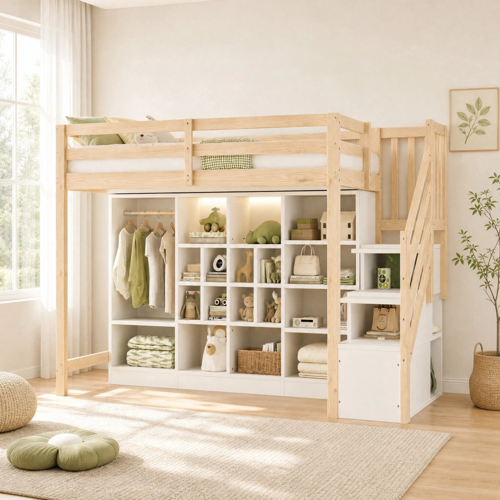 Letto a soppalco 90x200 cm con armadio, LED e scala contenitore