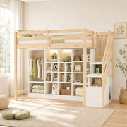 Letto a soppalco 90x200 cm con armadio, LED e scala contenitore
