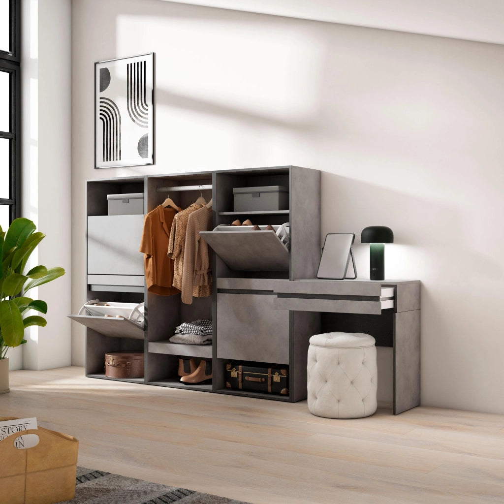 Scarpiera, 250x35x145cm, Camera da letto, Armadio Aperto, Tavolo da toeletta, grigio cemento RF3533