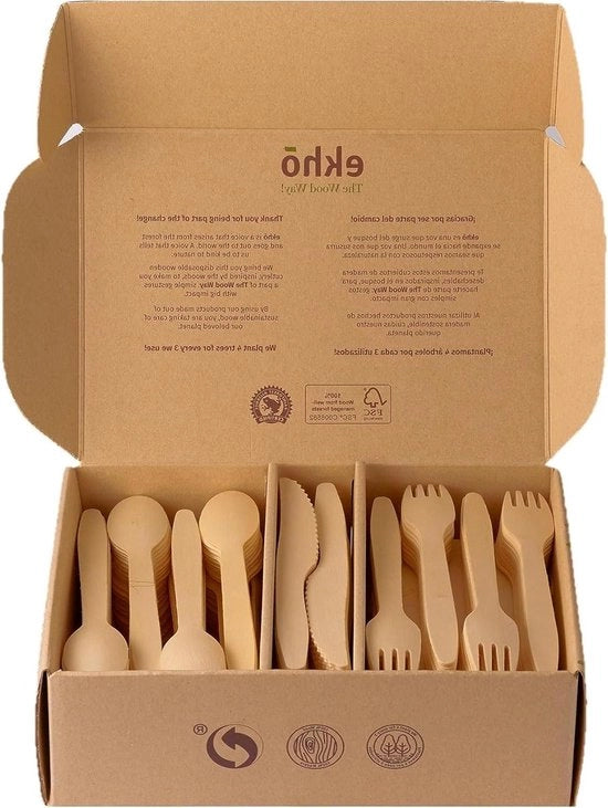 Set di utensili per la cucina in legno biodegradabile - 300 pezzi - 120 forchette - 120 cucchiai - 40 coltelli - Compostabile