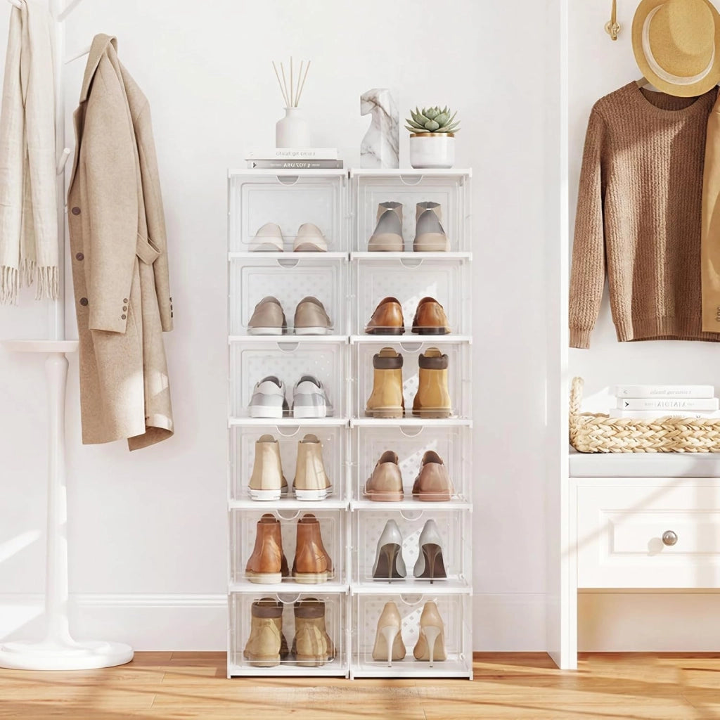 Scatole per Scarpe, Set di 2 Organizzatore per Scarpe a 6 Livelli, Scatole Pieghevoli in Plastica con Porta Frontale a Ribalta, Scarpiera Salvaspazio per Ingresso e Soggiorno
