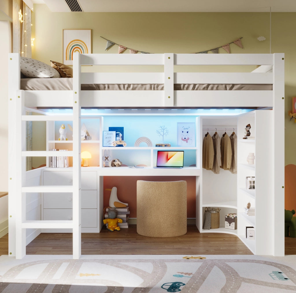 Letto a soppalco 140x200 cm con LED; armadio; scrivania e 3 cassetti bianco