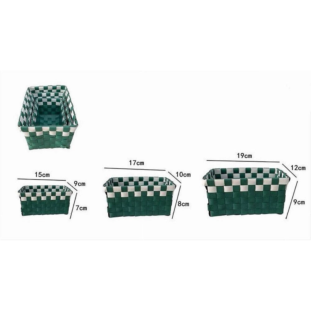 Trade Shop - Set 3 Cestini Portaoggetti Organizer Tessuto Bagno Rettangolari Verde Bianco 59084 -