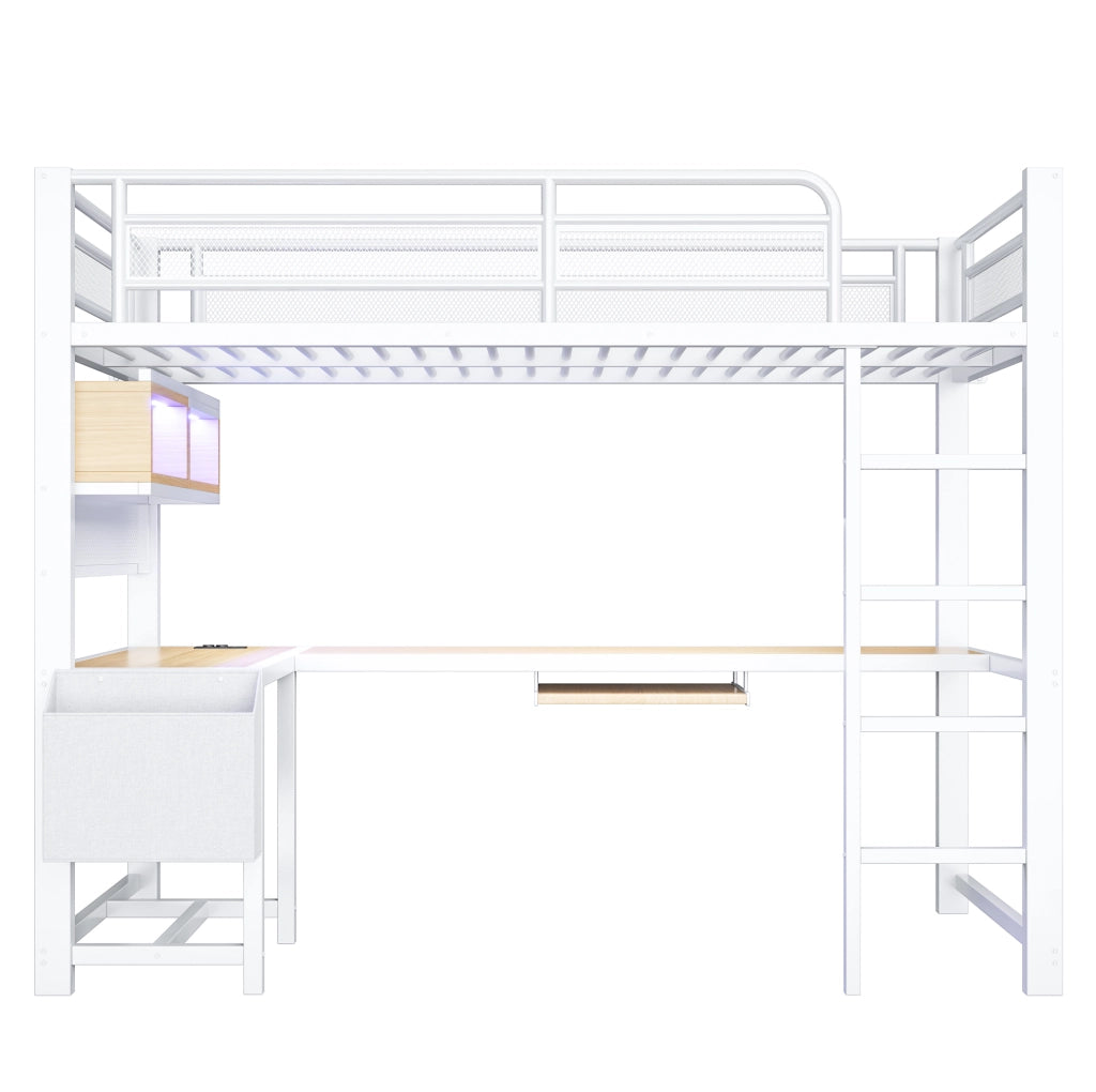 Letto a soppalco 90x200 cm con scrivania; LED e presa di ricarica in MDF e metallo bianco