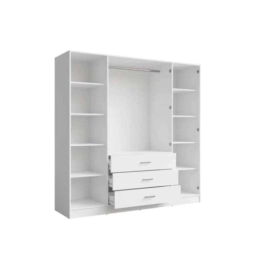 Armadio KALISTA 200 cm bianco opaco – 4 ante a battente, 2 specchi, 3 cassetti
