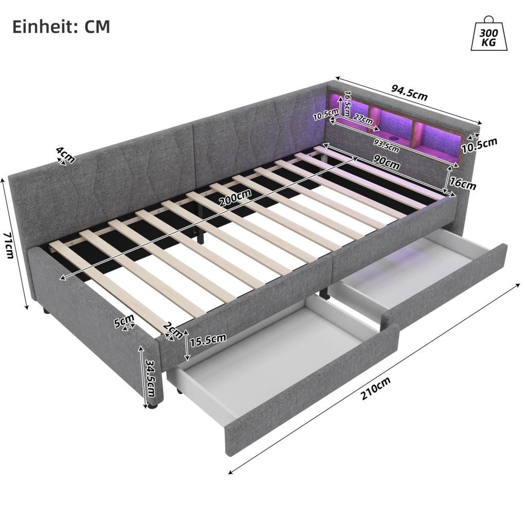Divano letto 90x200 cm con LED; USB e Type C; in lino e MDF grigio (Senza materasso)