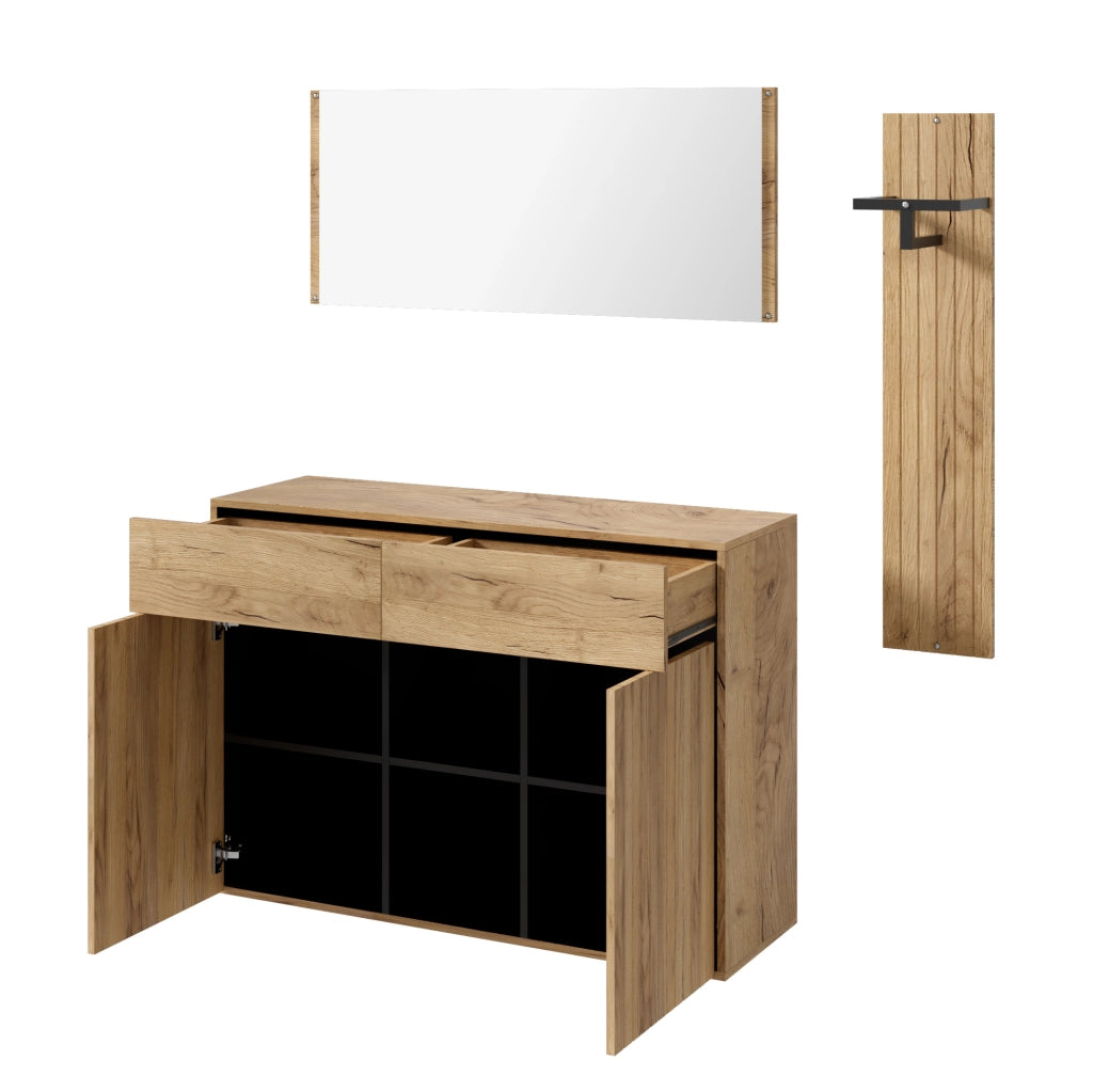Set ingresso 3 pezzi con scarpiera; appendiabiti e specchio; 125x35x178 cm; MDF e truciolare