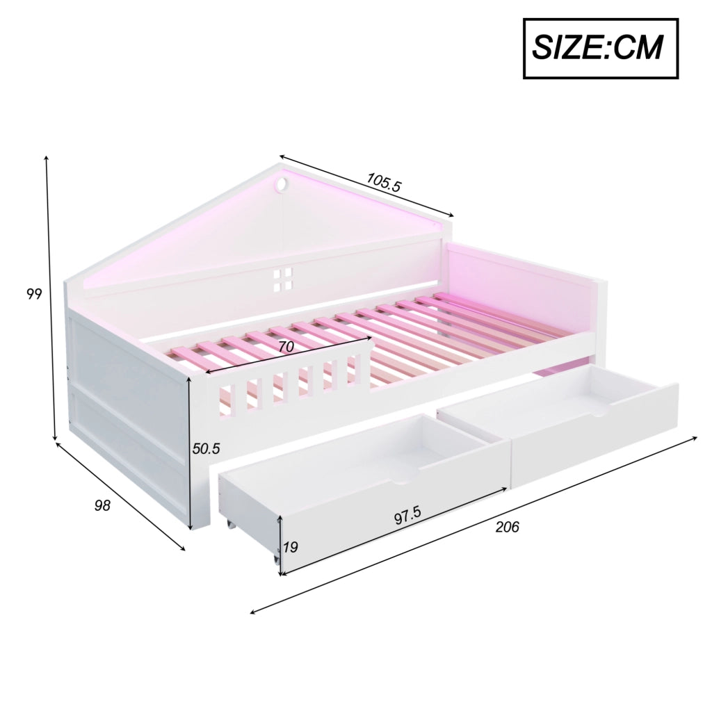 Letto singolo 90x200 cm in legno con LED e cassetti, base con rete a doghe, bianco