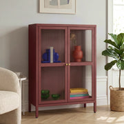 Credenza Säkylä Comò con Ante in Vetro Scanalato 84x64x35 cm Rosso Vino [en.casa]