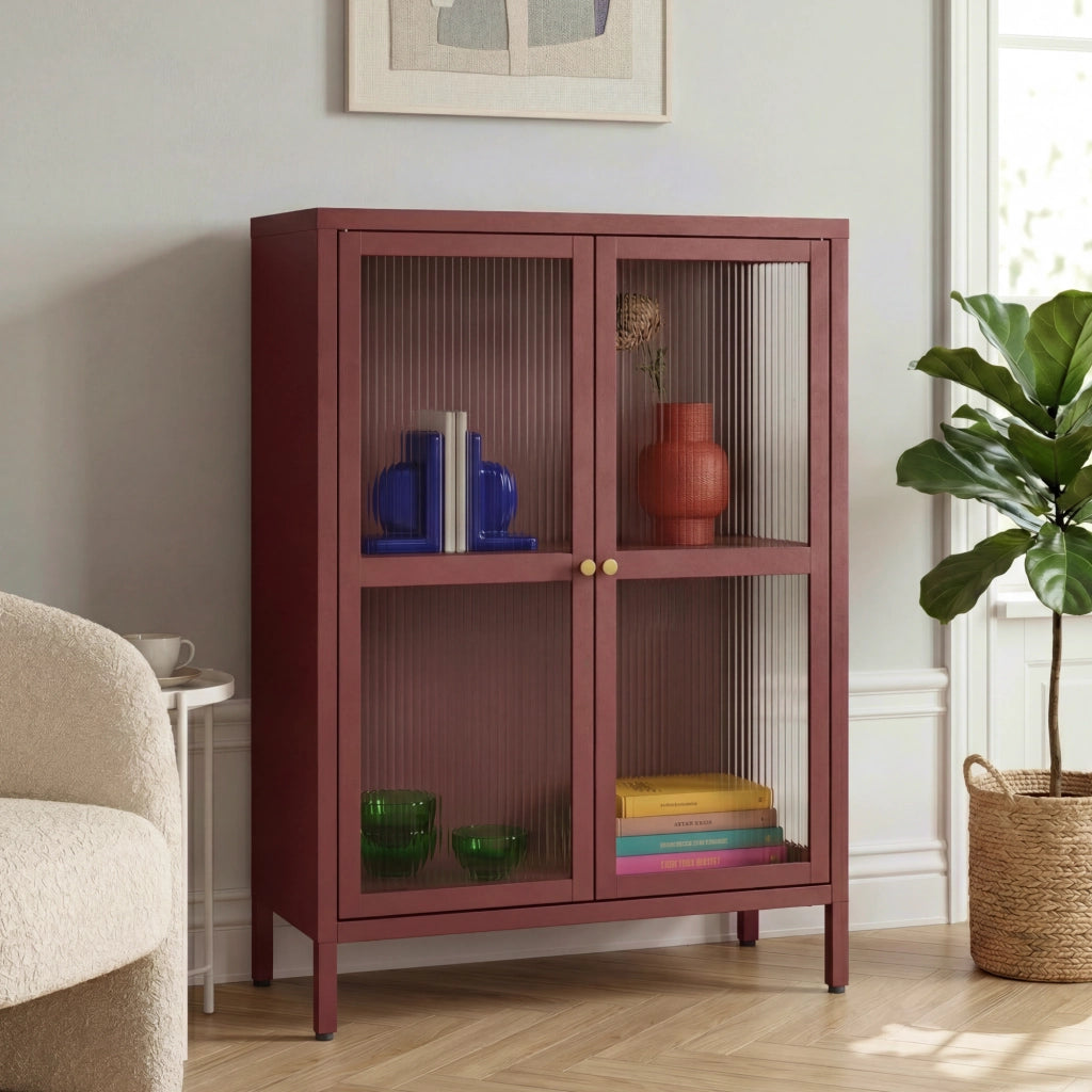 Credenza Säkylä Comò con Ante in Vetro Scanalato 84x64x35 cm Rosso Vino [en.casa]