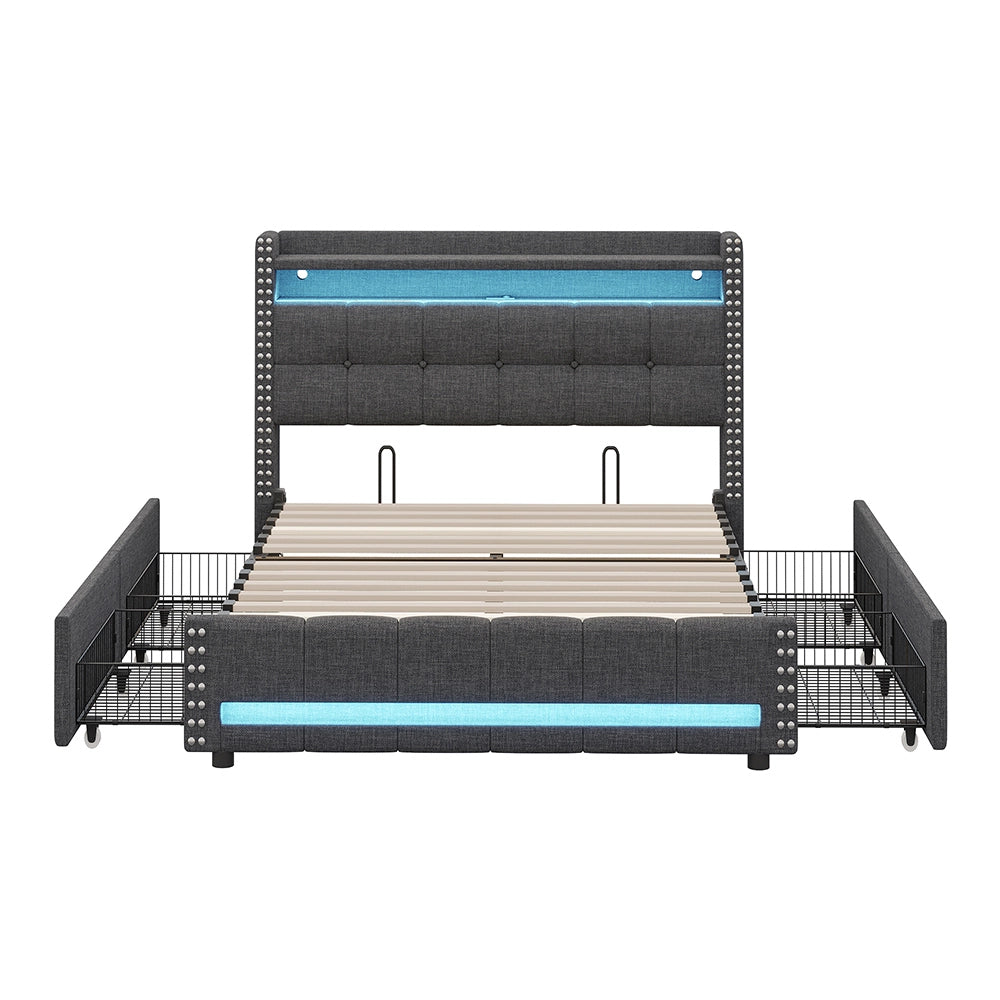 Letto imbottito 140x200 cm - Xylo - LED, USB, 4 cassetti grigio