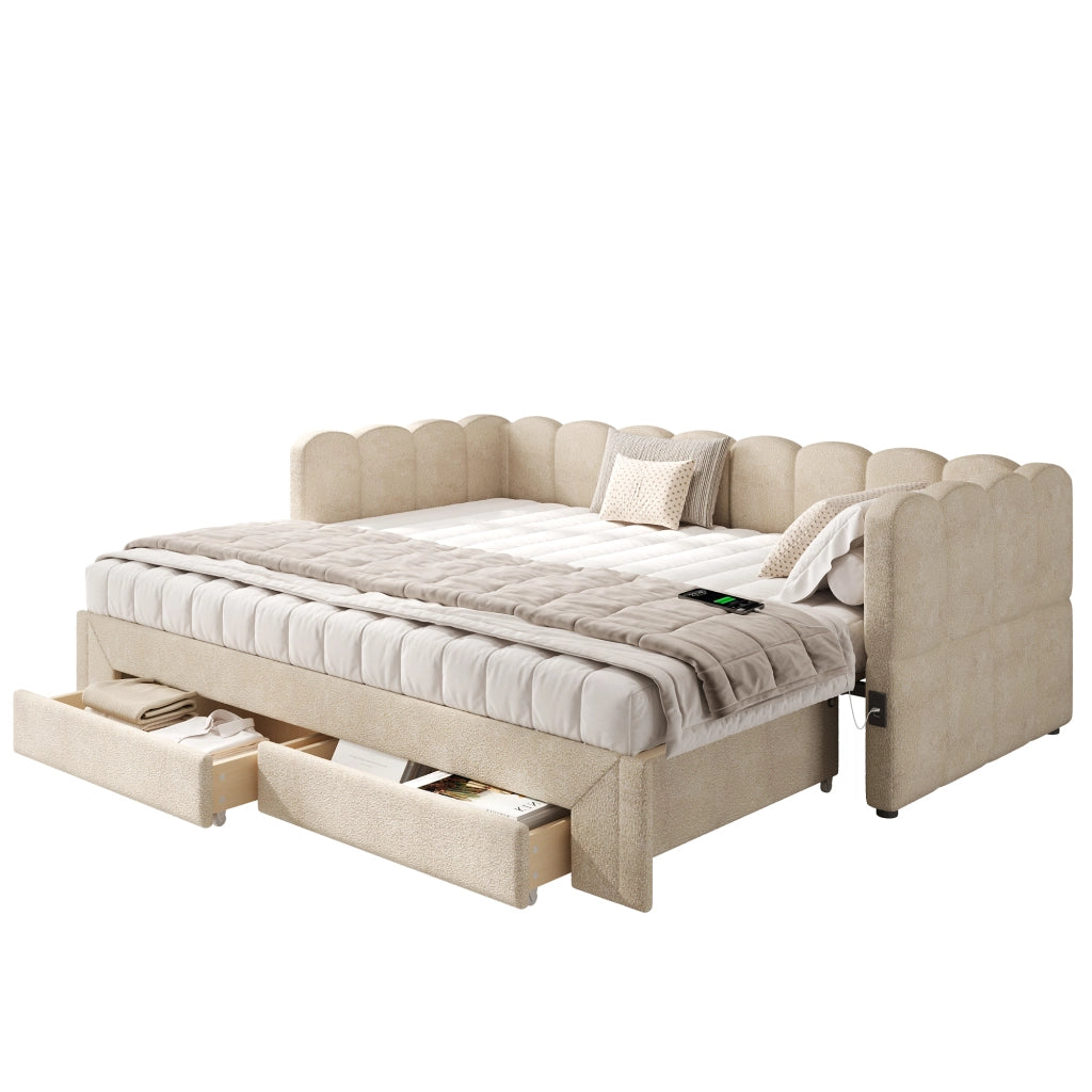 Letto daybed estraibile 90x200 cm con USB e Type-C; 2 cassetti; chenille beige