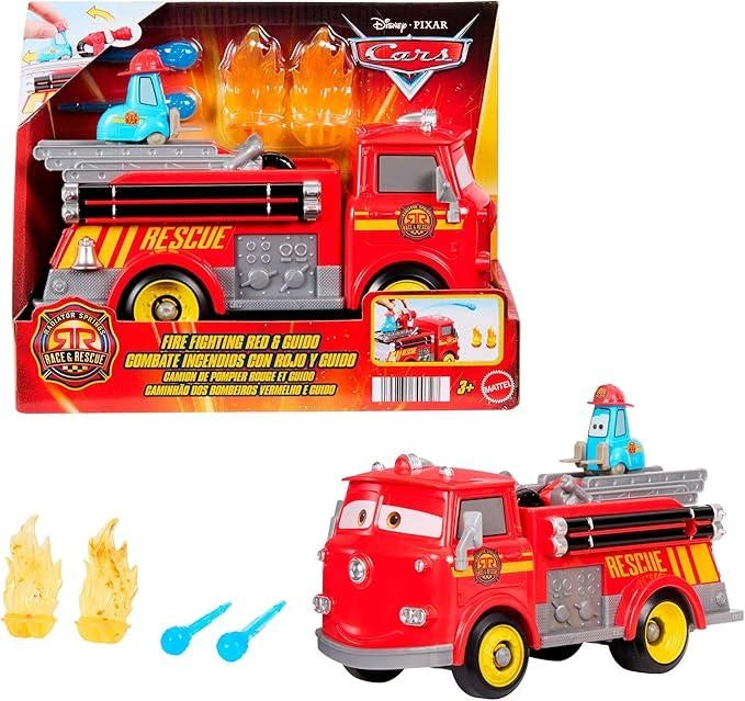 CARS - Sfreccia e Soccorri Red e Guido Pompieri, set con camion dei pompieri, 2 bersagli a forma di fiamma e 2 proiettil