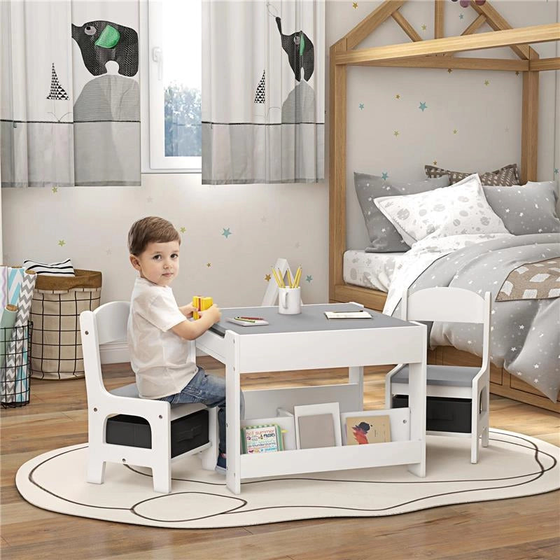 SET TAVOLINO PER BAMBINI E 2 SEDIE, PIANO DEL TAVOLO 2 IN 1 CON LAVAGNA E CONTENITORI, GRIGIO