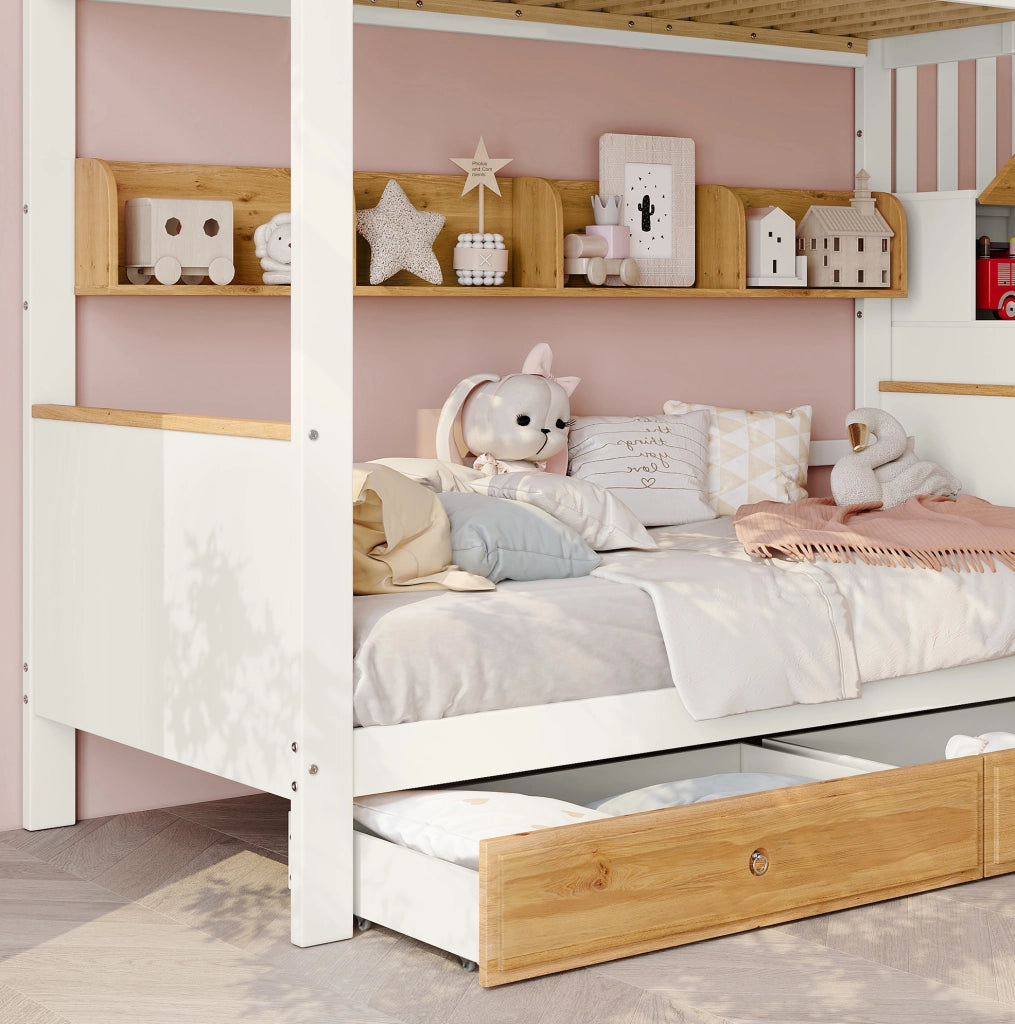 Letto a castello 90x200 cm con scala contenitore, cassetti e lavagna, bianco naturale