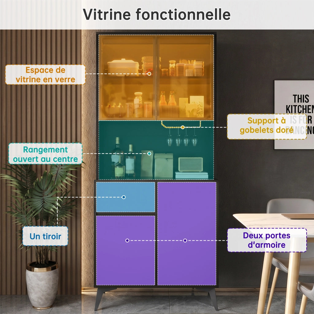 Credenza alta con 2 ante in vetro, LED da app, 1 cassetto e 2 vani, per cucina e soggiorno, MDF, nero e bianco