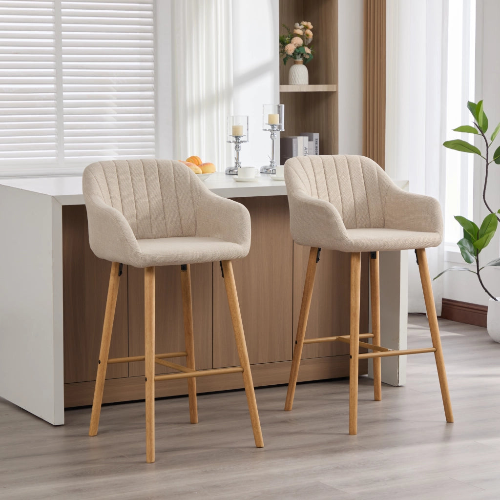 Set 2 Sgabelli da Bar con Schienale Alto e Braccioli ¨C MINIMAL ¨C Seduta in Tessuto Lino, Gambe in Legno