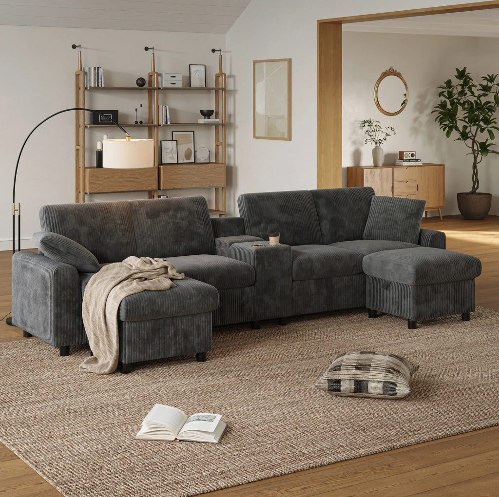 Divano a U in velluto a coste grigio con 2 pouf contenitore; tavolino e porte USB/Type-C