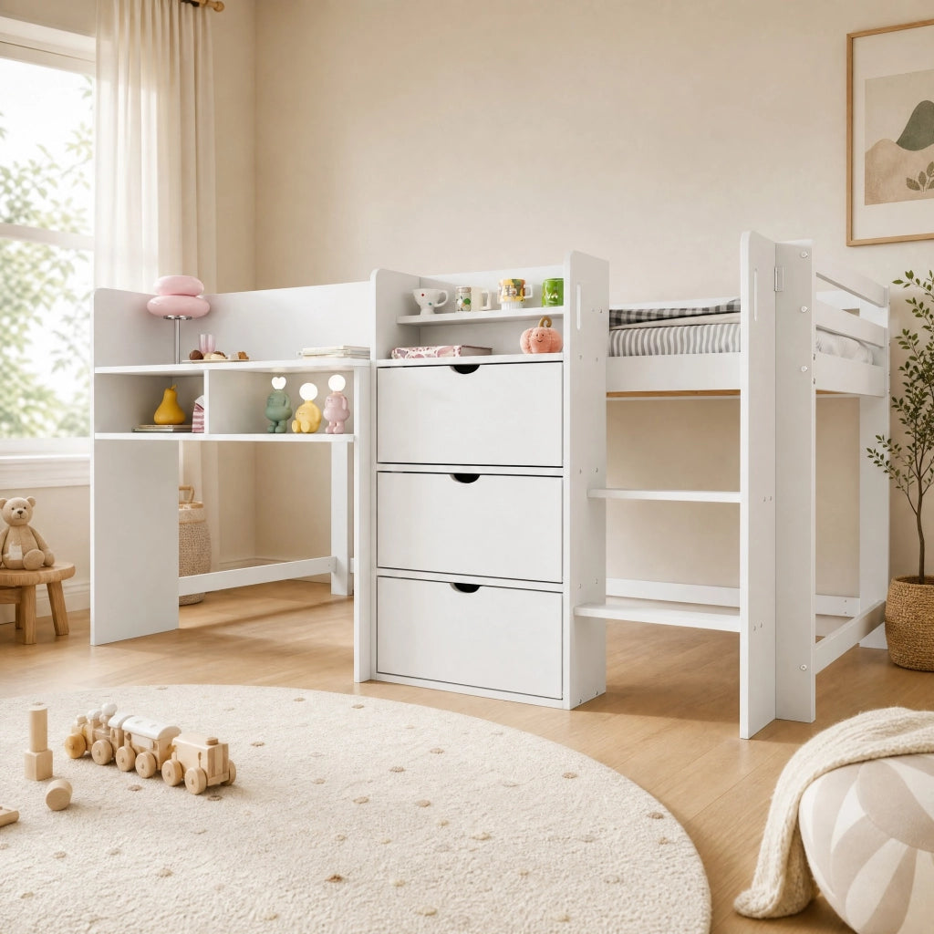 LETTO a soppalco 90x200 cm con ripiani e vani chiusi in pino bianco