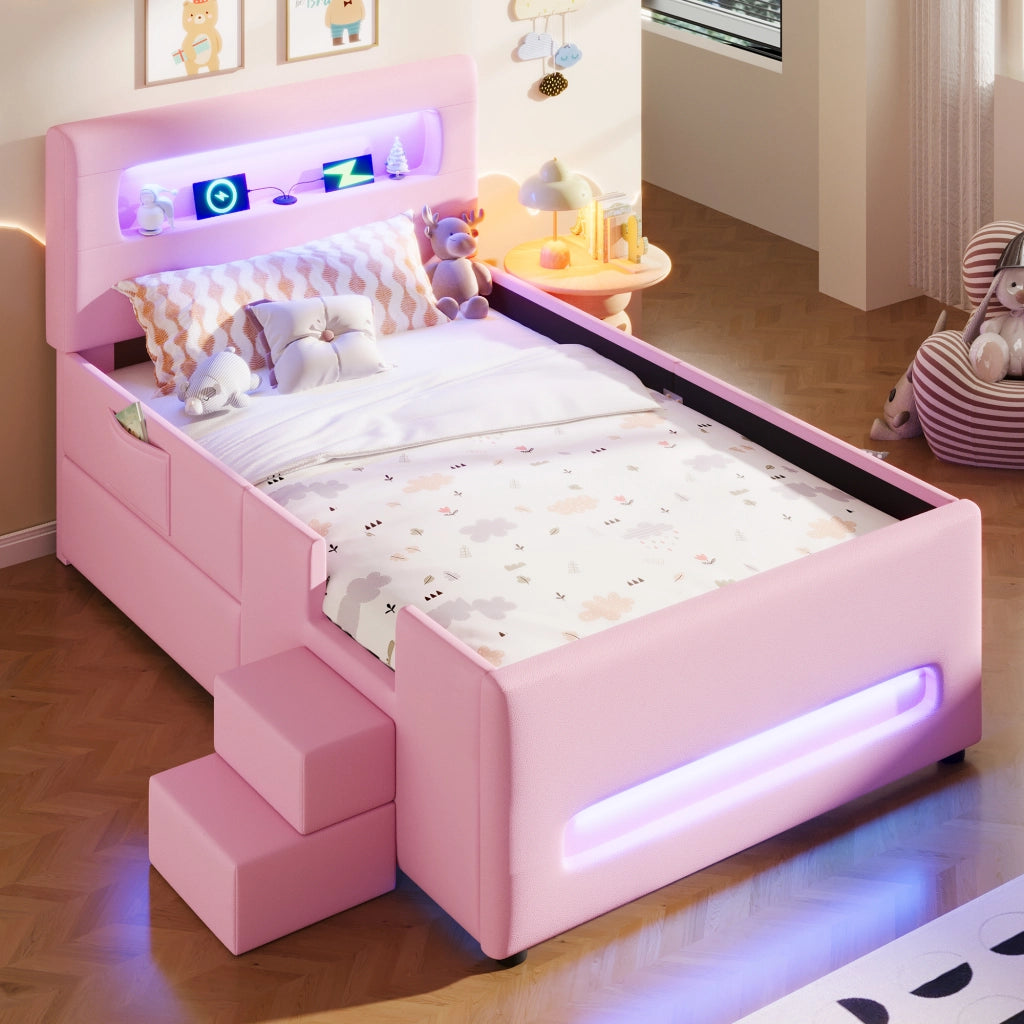 Letto imbottito a piattaforma 90 x 200 cm con scala, cassetti, strisce LED, USB e tasche contenitore - Rosa