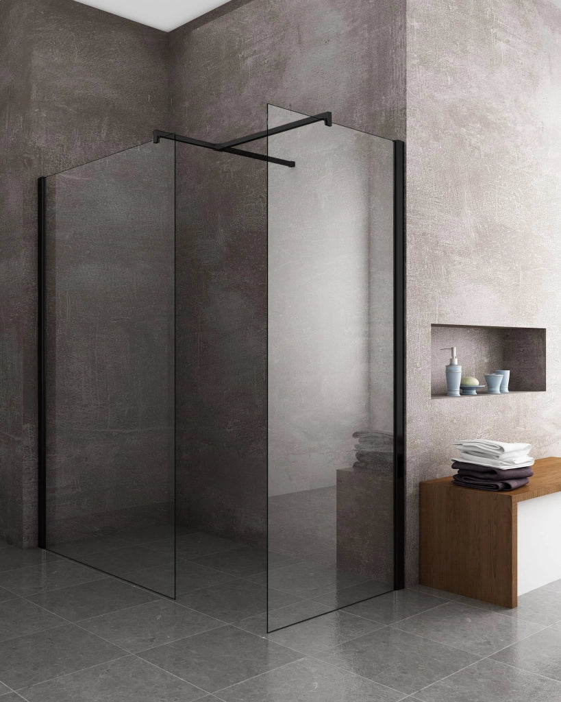 Box Per Doccia Angolare tipo walk-in h 200 8MM Con Vetri Trasparenti Telaio Nero Opaco - 75X80 REVERSIBILE