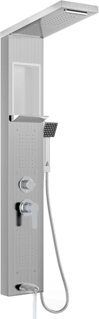 Pannello doccia con colonna doccia in acciaio inox, 5 funzioni, doccia a pioggia a cascata, getti massaggianti, doccetta per vasca e doccia, set completo, colore: argento