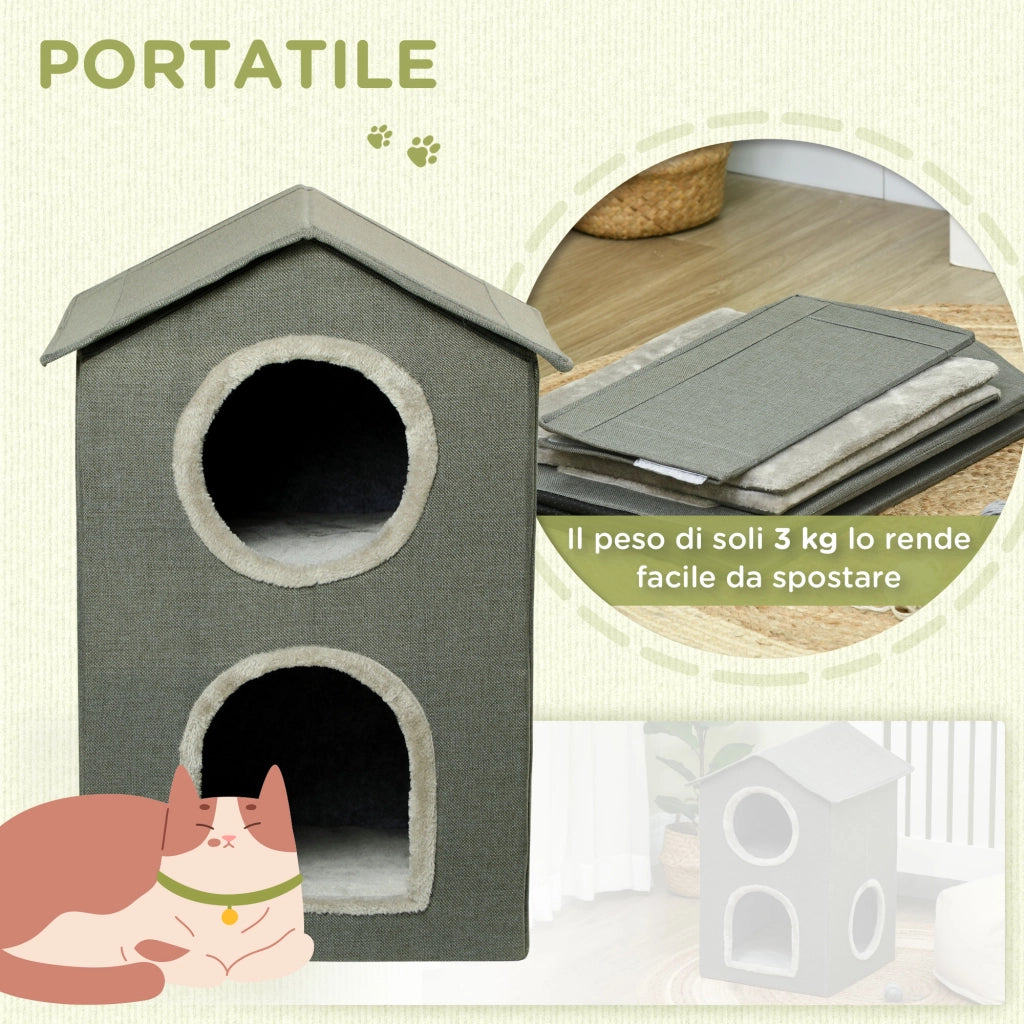 EasyComfort Casetta per Gatti a Due Livelli con Cuscini Lavabili 3 entrate, 42x46x59.5 cm, Grigio