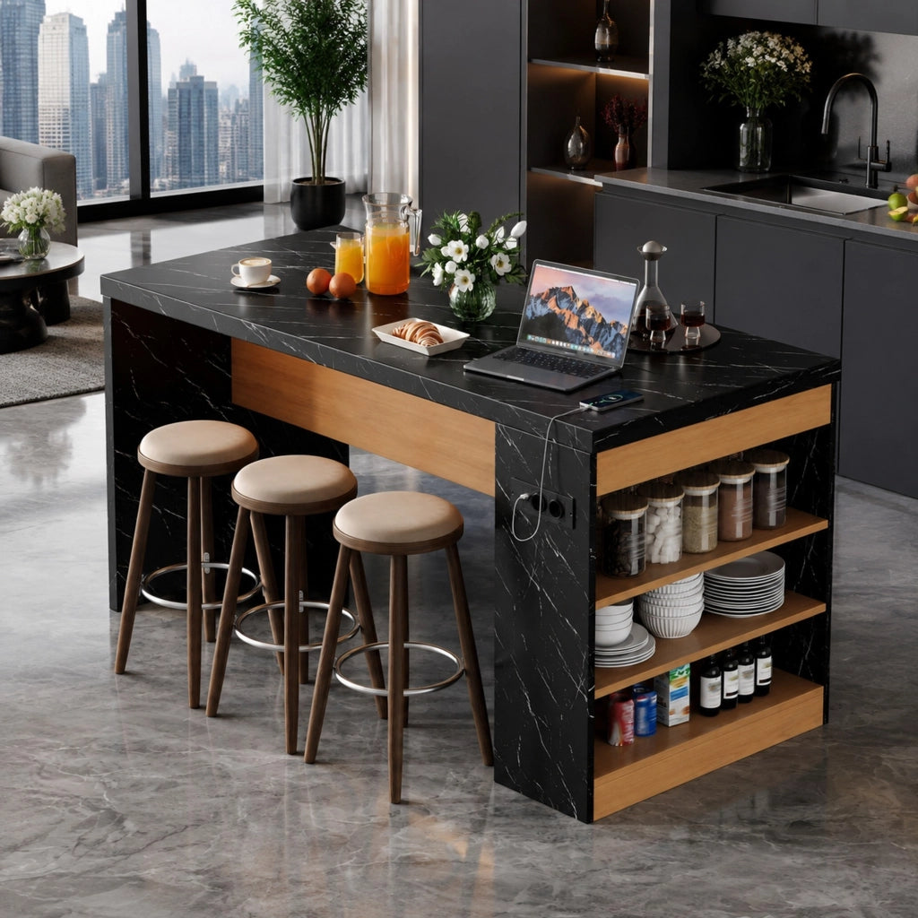 Isola cucina 155x80x90 cm con LED; prese AC e USB; MDF; nero/naturale