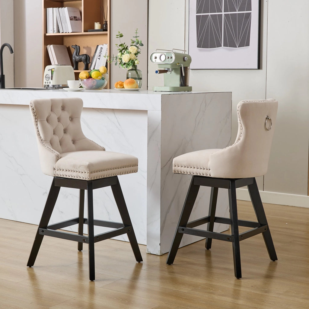 Set di 2 Sgabelli da Bar Girevoli con Schienale Imbottito e Gambe in Legno; per Isola Cucina; Velluto; Beige