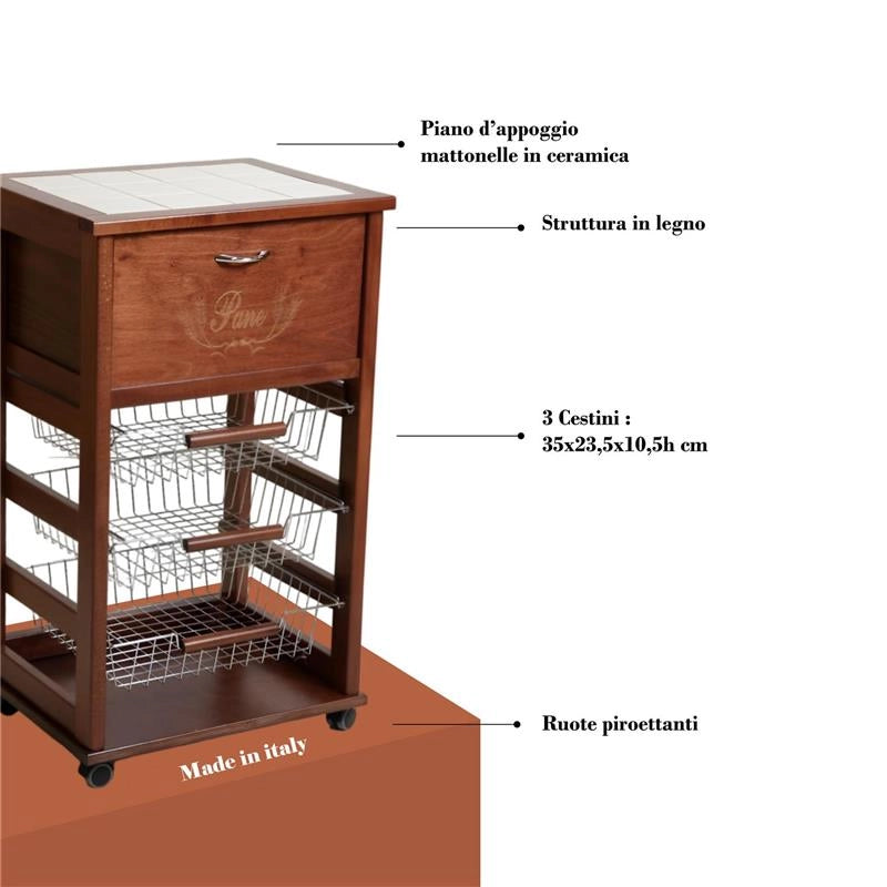 CARRELLO PORTAPANE 85X49X39 CM IN COLORE NOCE TOP BIANCO