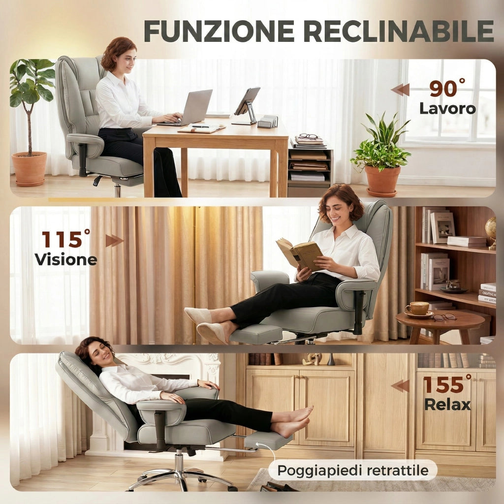 Sedia da Ufficio Reclinabile con Schienale Alto e Poggiapiedi ¨C Minimal ¨C Grigio Chiaro