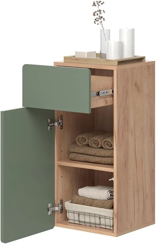 mobiletto bagno Izan, Goldkraft rovere/verde, 36.6 x 76.6 cm con cassetto e anta