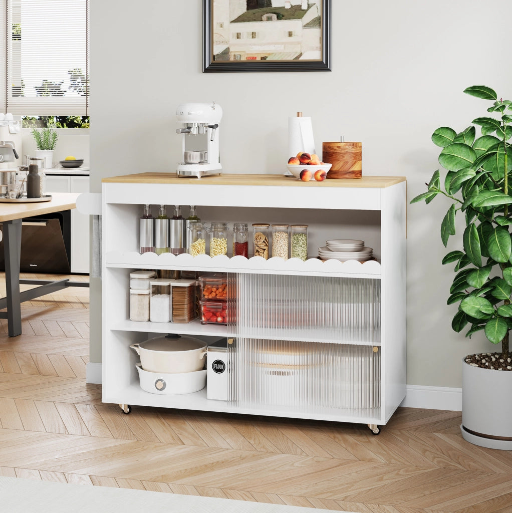 Carrello isola cucina pieghevole 122x46(69)x91 cm in MDF bianco e naturale