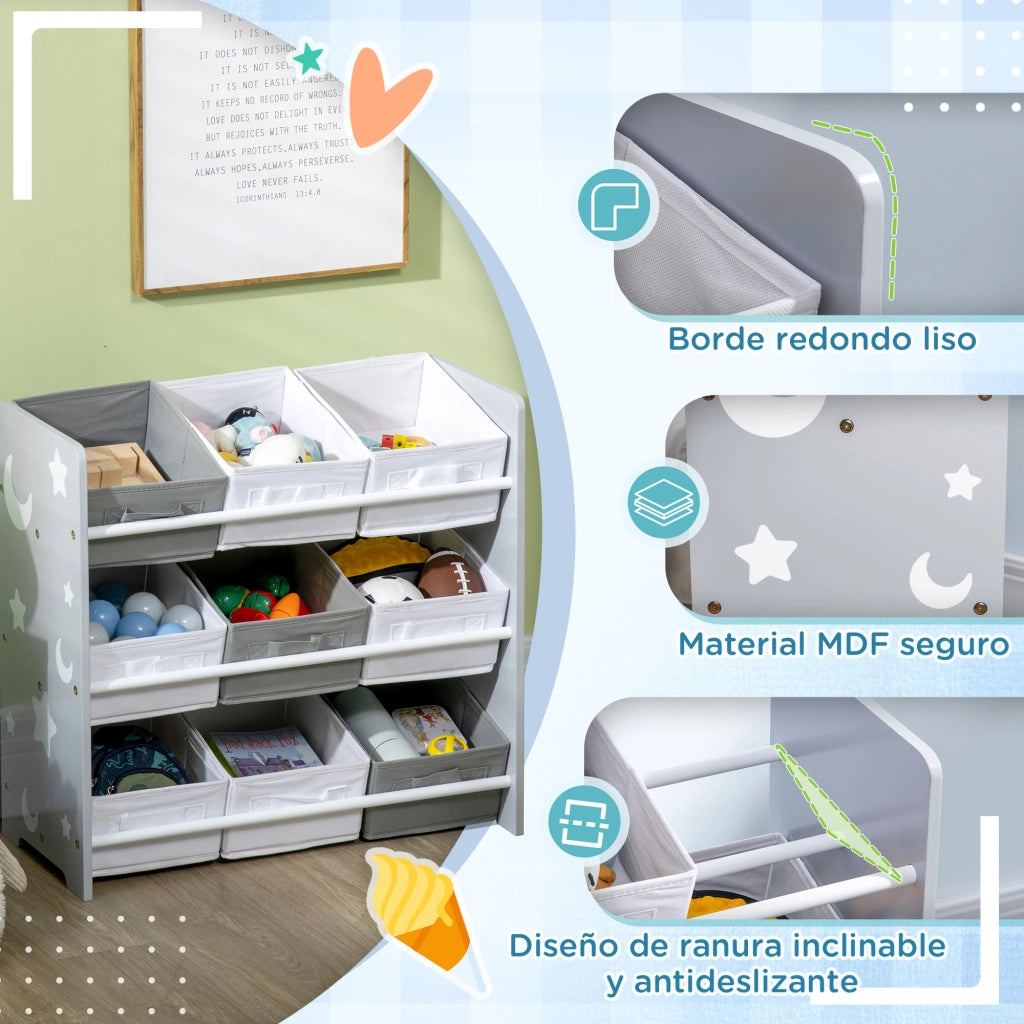 Contenitore Portagiochi con 9 Cassetti in Tessuto Estraibili per Cameretta ¨C Zephmum ¨C Grigio 63x30x60 cm