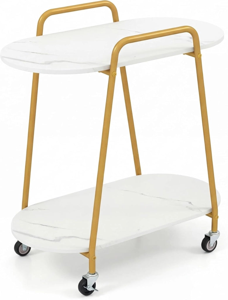 Tavolino da Divano, Carrello da Cucina a 2 Livelli con Ruote Bloccabili e Maniglie in Metallo, Tavolino da Salotto Moderno con Superfici in Marmo Artificiale, per Camera da Letto e Soggiorno