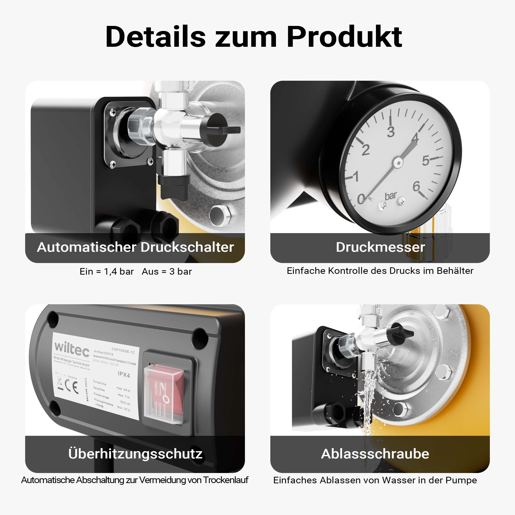 Autoclave con serbatoio uso domestico a membrana, 19 l, 1000 W, pompa per acqua automatica da 3500 l/h con pressostato e prefiltro, prevalenza 44 m, profondità di aspirazione di 8 m