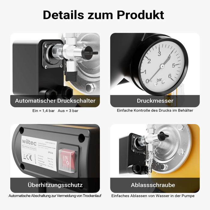 Autoclave con serbatoio uso domestico a membrana, 19 l, 1000 W, pompa per acqua automatica da 3500 l/h con pressostato e prefiltro, prevalenza 44 m, profondità di aspirazione di 8 m