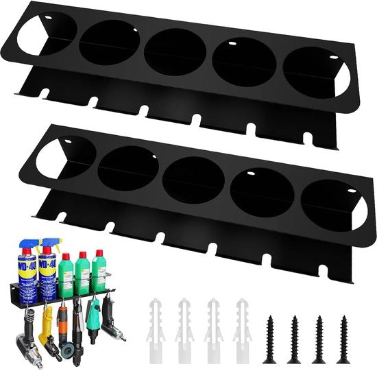 Rack per flaconi spray 2 pezzi, regolabarre per flaconi spray con 5 fori e 6 slot per flaconi, regolabarre per flaconi spray per garage e officina.