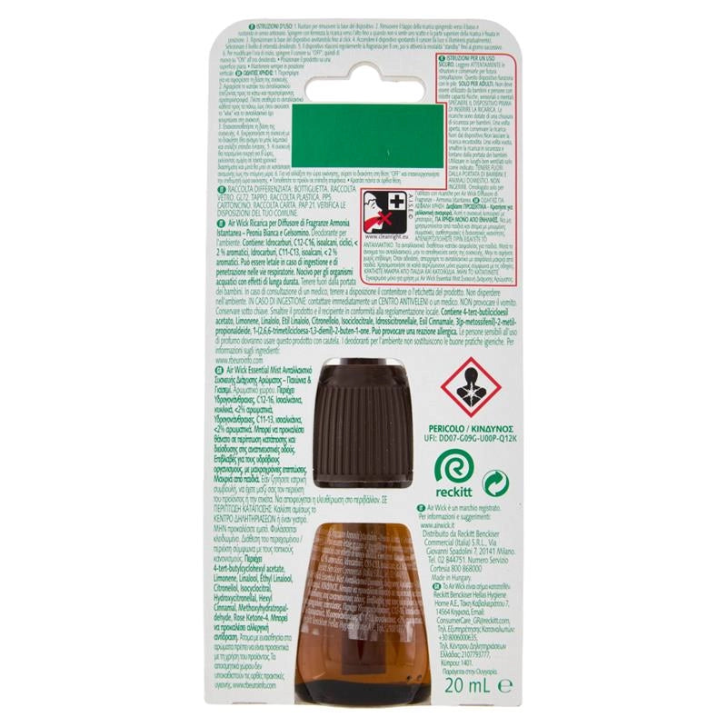 AIR WICK DIFFUSORE DI FRAGRANZA CON OLI ESSENZIALI PEONIA BIANCA E GELSOMINO RICARICA 20 ML