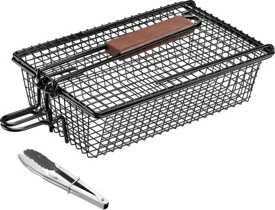 Accessorio grigliatore con manico - inclusa pinza grigliante - 28 x 19,5 x 9 cm - accessori griglia per pesce verdure carne - accessorio griglia per verdure e pesce
