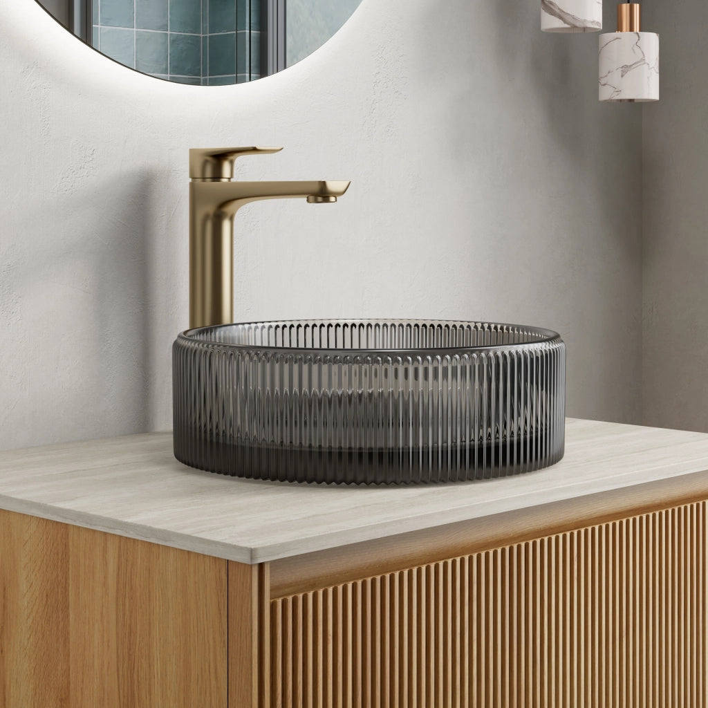Lavabo tondo 36 cm in cristallo, trasparente e nero, senza rubinetto