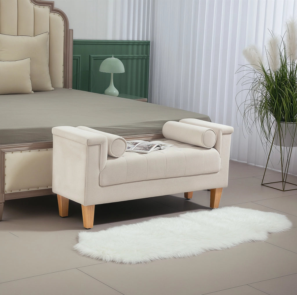 Panca imbottita in ciniglia con braccioli, 115 x 44 x 58 cm, beige