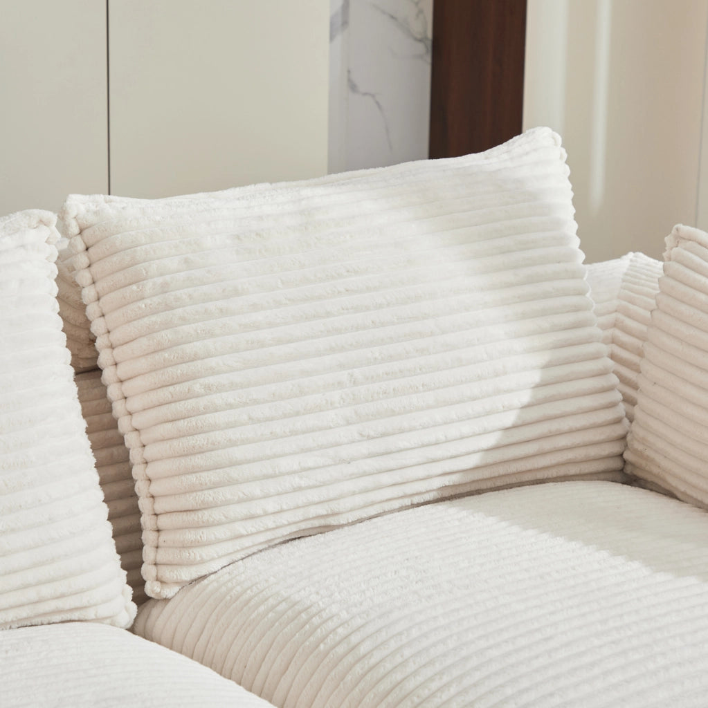 Divano modulare 4 posti con pouf, tessuto a coste beige, cuscini, portabicchieri e tasche laterali