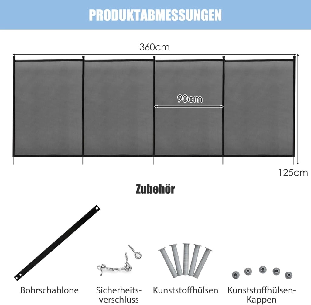 Recinzione per piscina, 360 x 125 cm, 4 recinzioni per piscine, pieghevoli, sicure per bambini, con piedini in acciaio inox, recinzione decorativa da giardino con stencil per piscina, giardino