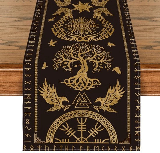 Cappello di Awe con Albero della Vita e Corvo in Oro, Decorazione da Tavola Stagionale, Dimensioni 40x240 cm