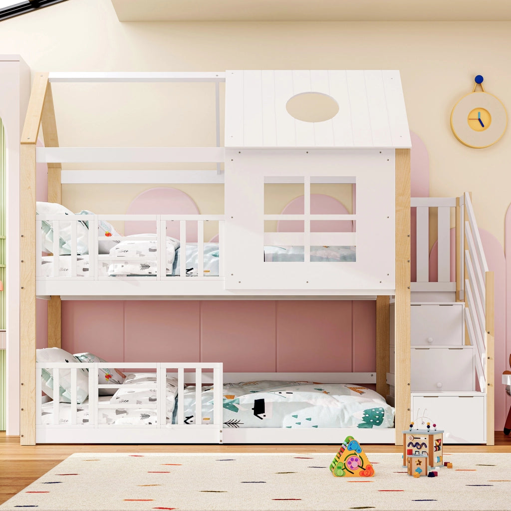 Letto a Castello 90x200 cm; 2 Posti - Scaletta contenitore; Tetto e Finestre - Bianco Naturale