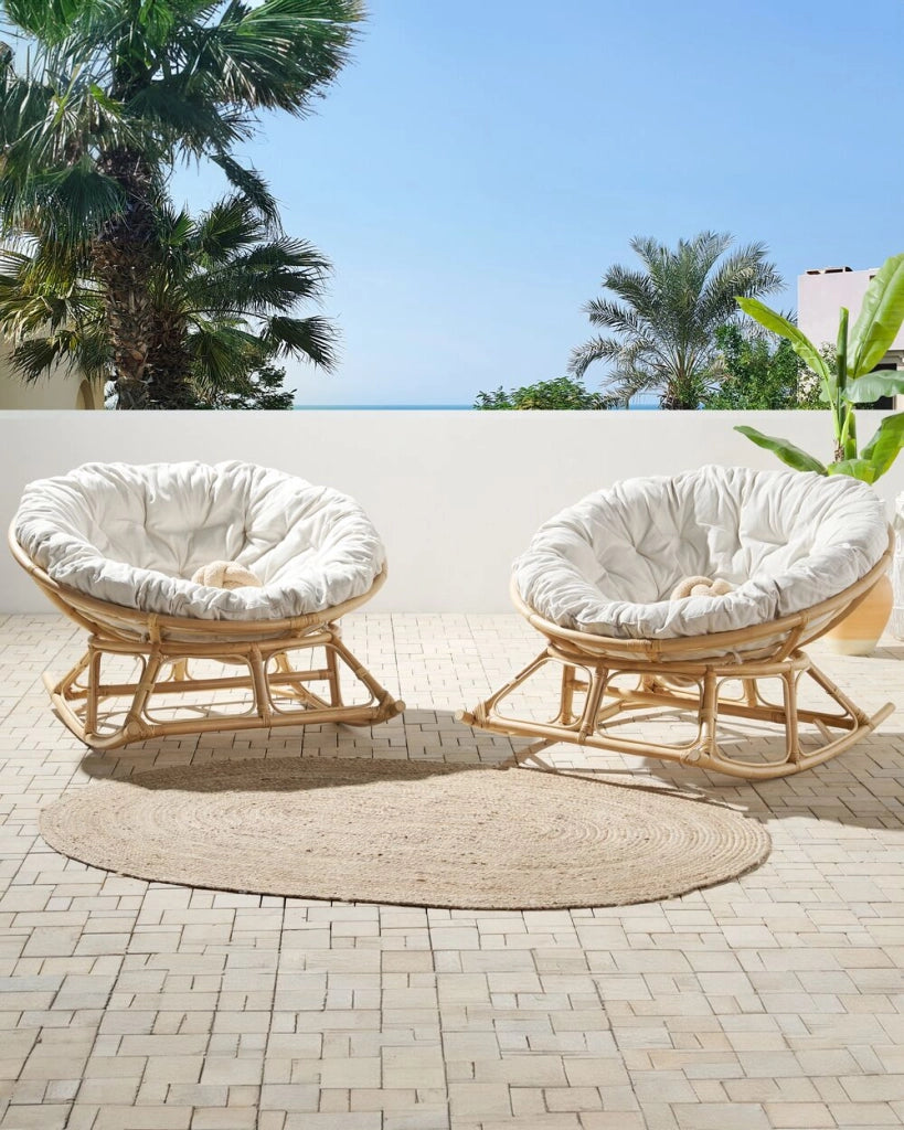 Set di 2 sedie a dondolo in rattan beige chiaro cuscini  tessuto cotone media resistenza per interni esterni naturali giardino patio balcone