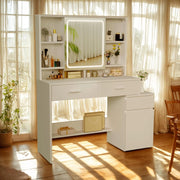 Toeletta Trucco con Luci LED,Tavolo da Trucco con Specchio,3 con Luminosità Regolabile,Postazione Trucco con Cassetti,Ripiani Aperti,Moderno, Bianco