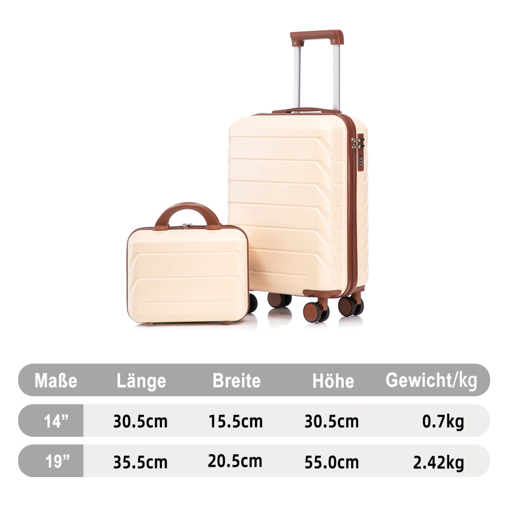 Set di 2 valigie girevoli in ABS da 14"/19" con lucchetto a combinazione e trousse da 14" (beige)